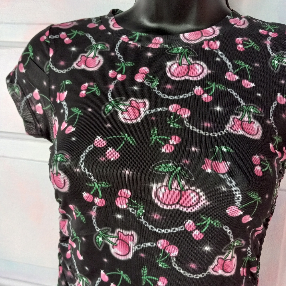 SOLD! Dolls Kill cherries ruched baby doll top! Sheer mesh kawaii cute nwt top! - Picture 11 of 13